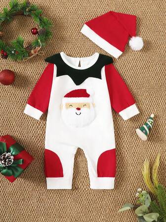Santa Claus Embroidered Red & White Patchwork Long Sleeve Jumpsuit + Red Christmas Hat, Cute Baby Christmas Essential Outfit