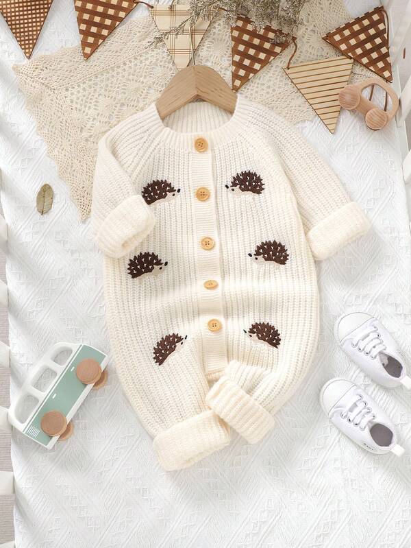 Macacão de malha para bebê recém-nascido com padrão de ouriço bordado, macacão de manga comprida macio e confortável, roupa simples e elegante para meninas