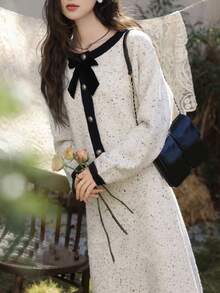 Alicedudu Women's Autumn/Winter Elegant Contrast Color Design Sweater Cardigan And Midi Skirt 2 Pieces Set - Beige - View 5