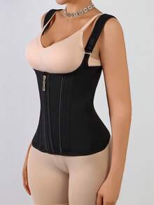 1pc Women's Mesh Breathable Zipper Closure Double Compression Waist Trainer, Waist Cincher With Back Support - Black - View 6