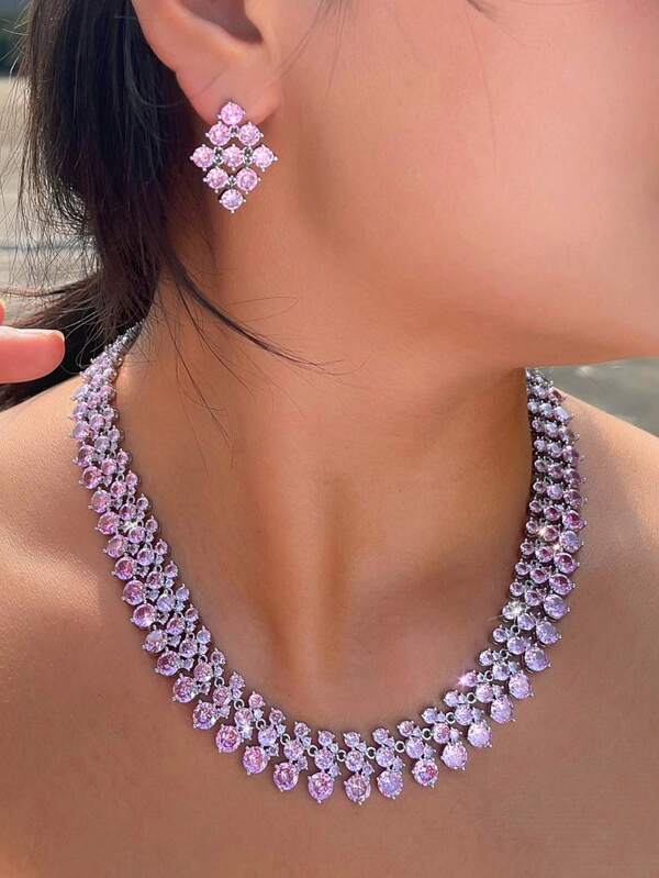 1 Set Chunky Statement Full Pink Cubic Zirconia Big Round 3 Layered Wedding Bridal Choker Necklace And Earrings Pageant Jewelry Sets For Women Party Wear