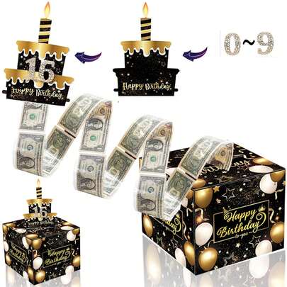 FZZ 1 conjunto de cofrinho de aniversário para presente em dinheiro, caixas de presente surpresa com cartão de feliz aniversário e 30 saquinhos transparentes, caixa de presente preta dourada/azul prateada/azul/rosa, uma maneira divertida de presentear seus entes queridos com dinheiro, decoração para festa de aniversário, caixa surpresa