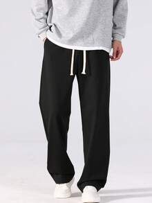 男士直筒裤 - 适合健身、休闲和日常正式场合，腰部抽绳，无弹力针织面料，适合健身房、办公室外出，可机洗，黑色裤子，纯色设计，柔软透气材质，宽松版型，适合春、夏、秋季户外休闲装，积极的生活方式 - 黑色 - 查看 3