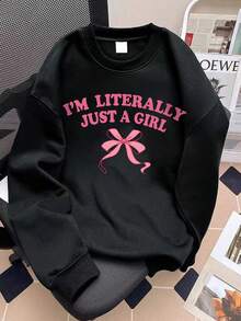 Áo nỉ có mũ trùm đầu họa tiết chữ và nơ cho bé gái tuổi teen "Tôi chỉ là một cô gái" họa tiết in. Phù hợp cho mùa xuân và mùa thu. Thích hợp cho học sinh mặc khi mua sắm, du lịch hoặc dự tiệc. - màu đen - Xem 2
