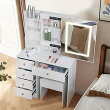 Nuevo juego de tocador con taburete, espejo deslizante, 6 cajones y tocador iluminado - Perfect For Organizing Makeup, Skincare, Elegant Vanity|Decorative Vanity, Vanity Furniture, Compact For Small Space, Bedroom Decor Gift, Perfect Gift For Women Girls , Ideal para regalos de Navidad y Halloween. - Blanco - Ver 5