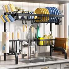 Escurridor de platos ajustable de 2 niveles de 25.5 a 33.5 pulgadas, de acero metálico para encima del fregadero, con ganchos, soporte para toallas de papel y utensilios (Negro) - Negro - Ver 1