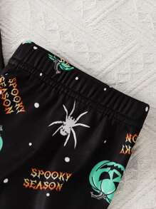 Set de pijamale 2 buc, croială confortabilă, cu guler rotund, cu mânecă scurtă, cu grafică de Halloween cu dovleac și craniu, pentru copii mici, pentru petreceri