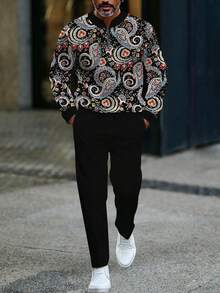 The New Men's Spring And Autumn Retro Style Stand-Up Collar Zipper Long Sleeve Polo Shirt Suit, Geometric Art Pattern Print, Stand-Up Collar Zipper Long Sleeve Polo Shirt And Casual Trousers Sports Suit, Suitable For Outdoor Daily Casual Suits - Màu sắc hỗn hợp - Xem 3