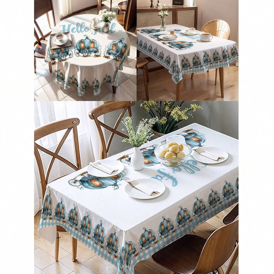 1pc Thanksgiving Pumpkin Pattern Tablecloth, Farmhouse Style, Seasonal Kitchen/Dining Table Decor, Round/Rectangular Sizes Available, Polyester Material, Indoor/Outdoor Party Decoration, Thanksgiving Holiday Decor, Home & Event Decoration