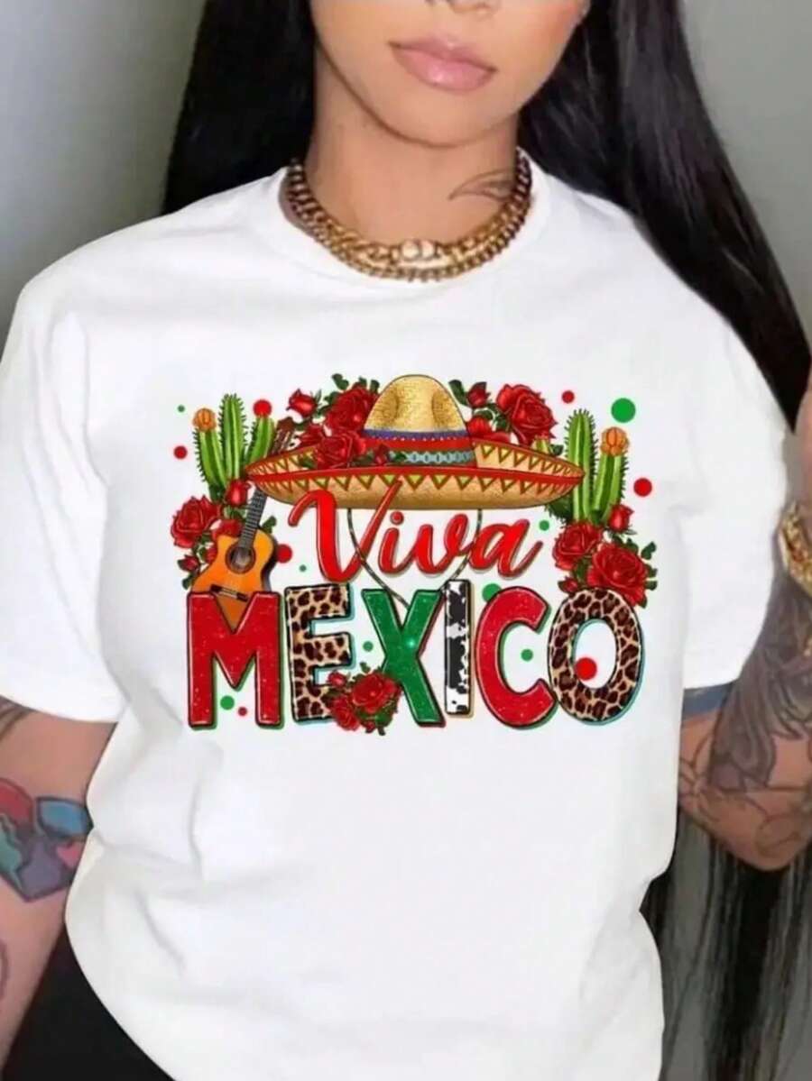 "Viva méxico" cuenta con camisetas estampadas con elementos. Sombreros anchos, rosas, guitarras y otros elementos que transmiten la pasión mexicana. 180G de algodón, ligeramente elástico, cómodo, transpirable y lavable a máquina. Añade un toque exótico a tus viajes diarios - camiseta de algodón para mujer - Blanco - Ver 1