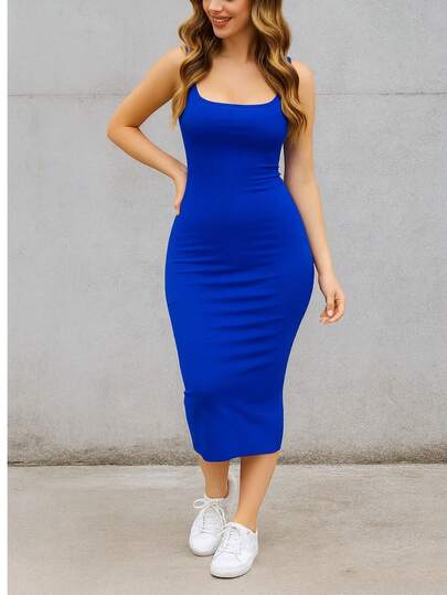 Vestido Ajustado con Tirantes Midi.  Tela Elástica.