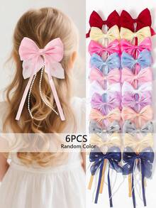 6pcs/Set Girls' Random Color Sweet Ribbon Printed Bow Beaded Hair Clips, Mesh Hair Accessories, Elegant French Style, Suitable For Daily, Party, Outing, Unlock The Sweet Charm! Fluttering Ribbons Showcase Playful Vitality - Multicolor - View 7