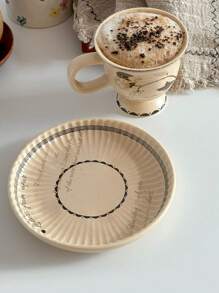 1 set 200 ml Tasse à café et soucoupe en céramique blanche vintage avec orchidée, verrerie en céramique rétro japonaise, assiette à dessert à rayures verticales, vaisselle de maison, tasse à thé et soucoupe en céramique vieillie cuite au four, mug à fleurs d'orchidée blanche, élégante tasse à café et soucoupe pour le thé de l'après-midi, assiette noix de coco