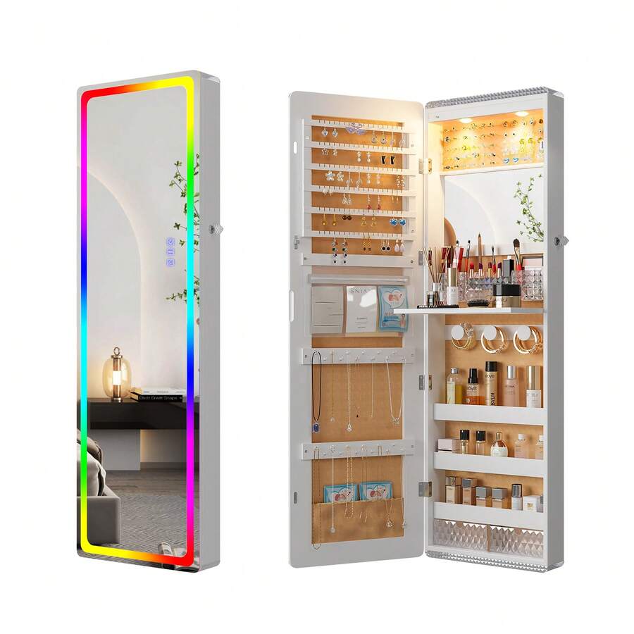 LED Mirror Jewelry Cabinet,47.2" Wall Mounted Jewelry Organizer With Full-Length Mirror,Over The Door Hanging Jewelry Armoire Storage Cabinet,Folding Dresser,2 Drawers,Lockable, 3 Shelves(Wood) - 白色 - 查看 1