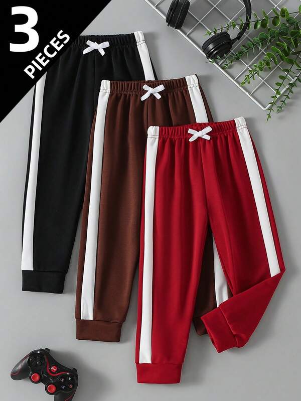 3 pièces/Paquet Pantalons décontractés à cordon pour garçons, convenant pour le port quotidien, printemps/été/automne, adapté aux âges 3-12 ans