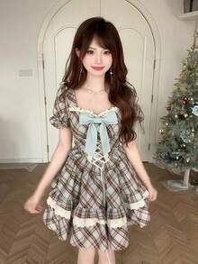 1pc Summer Sweet Cute Lady Style Puff Sleeve Lace Ribbon Multi-Color Plaid Floral Print Waist Tie Slim Fit Princess Dress, Suitable For Photoshoot, Casual Wear ,Halloween Costume, Party Dress - Multicolor - View 3