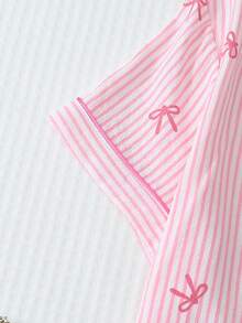 2pcs Comfortable Blue Striped Heart Collar Button Short Sleeve Top With Pocket And Bow Shorts Pajama Set For Women, Suitable For Home Wear, Spring/Summer