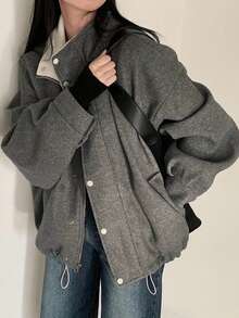 Elegant Gray Chic Woolen Jacket Women, French Retro Lapel Loose Winter Coat