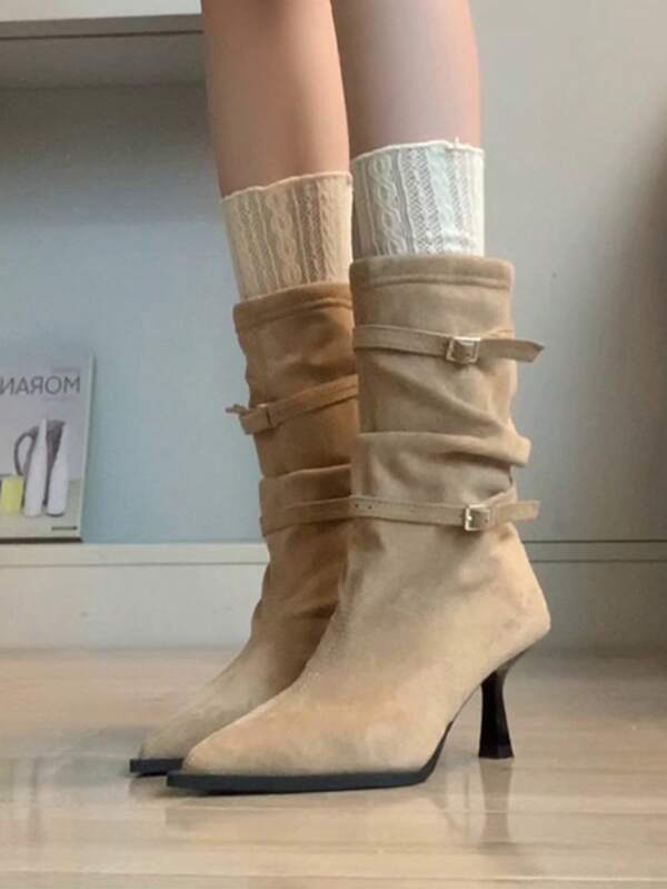 Women's Fashion Ankle Boots, Pointed Toe Thin Heels Solid Color, Slip-On Buckle Elastic Boots, Fashionable Versatile Khaki Shoes Ankle Boots For Women