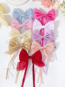 6pcs/Set Girls' Random Color Sweet Ribbon Printed Bow Beaded Hair Clips, Mesh Hair Accessories, Elegant French Style, Suitable For Daily, Party, Outing, Unlock The Sweet Charm! Fluttering Ribbons Showcase Playful Vitality - Multicolor - View 5
