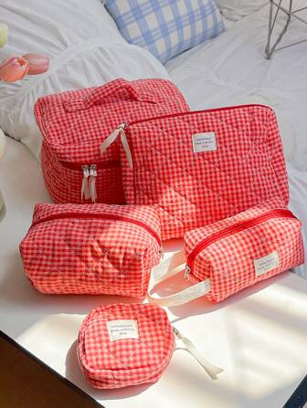 1 件大容量绗缝家居用品收纳袋套装带手柄便携式手提旅行洗漱包迷你方形卫生巾收纳袋经典红色网格图案化妆品收纳袋网格旅行化妆包多功能家用收纳袋