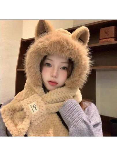Winter Warm Hooded Scarf, Elastic Thick Neck Warmer, Cartoon Ears, Fluffy Plush Women's Hat, Cute Animal Design Cross Neck Scarf Winter Outfits