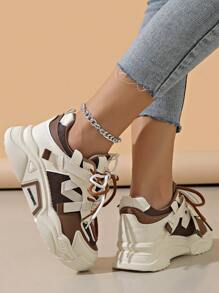 Novos Tênis Esportivos Femininos para Uso Externo, Design com Cadarço, Malha Respirável Marrom, Tênis Chunky na Moda, Tênis Casuais para Todas as Estações