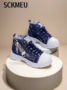 SCKMEU 1 par de zapatillas casuales con suela gruesa de denim para mujer, nuevas versátiles y cómodas zapatillas deportivas de caña alta para otoño 2025, adecuadas para faldas, senderismo, deportes, uso casual, zapatos planos de moda