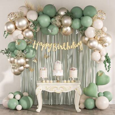 59pcs Sage Green Birthday Party Decorations, Happy Birthday Banner, Green Tassel Curtain, Butterfly Decor, Foil Balloons, Birthday Decorations For Boys, Girls, Kids, Babies, Baby Shower, Gender Reveal, Wedding, Birthday, Room, Party Supplies