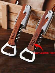 Personalized Multifunctional 3-In-1 Portable Stainless Steel & Wooden Handle Wine/Beer Bottle Opener, Gift For Father,Multi-Functional,Durable,Ornamental,Reusable,Exquisite,Stylish,High-Quality,Colorful,Modern,Custom,Personalized,Unique,Delicate Romance