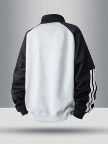 青少年时尚插肩袖半拉链条纹运动衫，秋季 - 淺灰色 - 查看 2