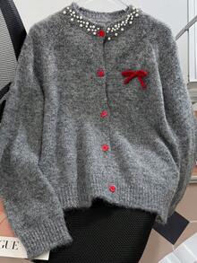 JIANHU Cárdigan con adorno de perlas en gris claro - Cárdigan de punto de otoño/invierno con lazo rojo y detalles de botones, para fiesta de Navidad y cita de Año Nuevo