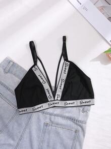 Sutiã Bralette Sexy Preto Feminino com Alças com Letras "Sweet" Brancas - Design sem Enchimento, Respirável, Sem Arame, Adequado para Uso Casual ou Diário