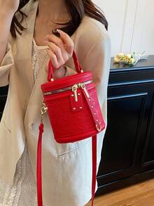 2024 新款红色撞色手提包，别致纯色迷你女士单肩斜挎包 - 紅色 - 查看 8