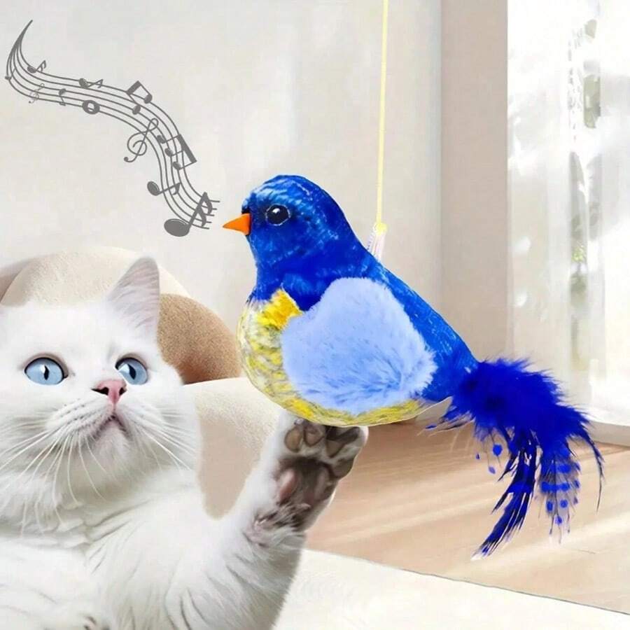 Interactive Cat Toy - Realistic Chirping Sound, Artificial Feathers, Soft Feather Wand, Handmade Design, Solo Play & Hunting Fun, Suitable For All Cats, Physically Activated, No Battery Required