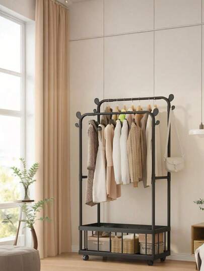 1 件超大衣架带储物篮，单/双杆室内简易储物晾衣架，卧室落地式收纳衣架