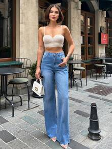 Women's Loose Flare Jeans With Embroidered Mustache Details, Casual Pockets Zipper Button Closure Formal Evening