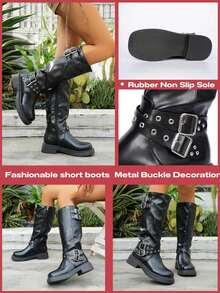 planare بوت نسائية سوداء متوسطة الساق، مزينة بإكسسوارات معدنية، مصنوعة من جلد متين، مزودة بأبزيم وتصميم مسامير متعددة، عصرية وشاملة، مناسبة للارتداء اليومي العادي، خريف/شتاء