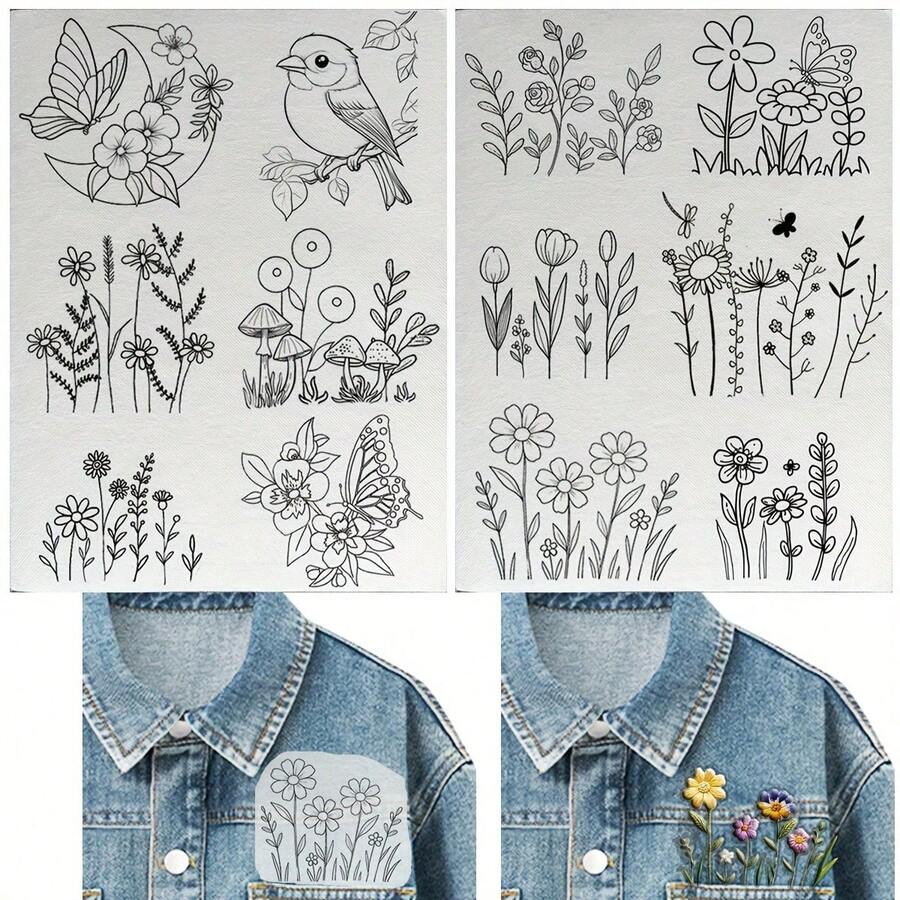 2 Sheets A4 Size, Containing 12 Patterns, Hand-Sewn Stabilizer Can Be Washed Off, Self-Adhesive Water-Soluble Embroidery Pattern Stabilizer Stickers, Suitable For Embroidery Handicraft Enthusiasts - Multicolor - View 1