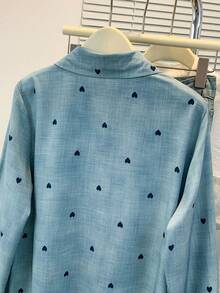 Plus Size Women's Casual Basic Solid Color Heart Print Polo Collar Long Sleeve Shirt Top With Pocket, Spring Summer Fall Daily Wear