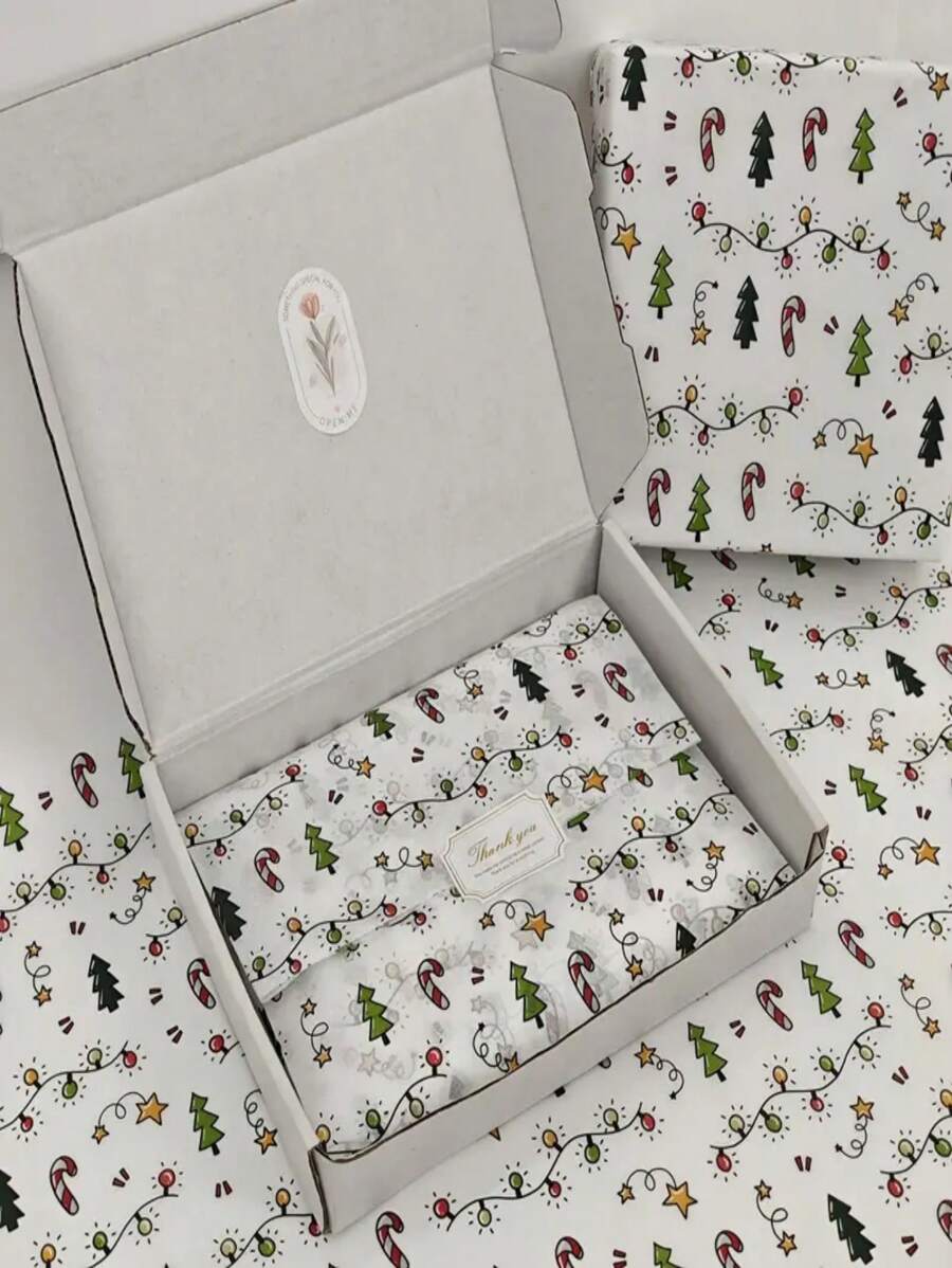 15/40 张、圣诞灯图案薄纸、圣诞树、糖果、星星 - 19.69 英寸 * 13.78 英寸、手工包装纸、易于保护的物品、礼品盒填充物、派对装饰 - 圣诞风格设计、耐用包装、节日包装、节日装饰 - 彩色 - 查看 1