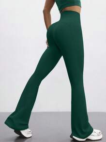 FWH 高腰提臀塑形设计，喇叭裤腿，休闲时尚复古喇叭裤，适合工作和休闲场合，高腰喇叭瑜伽裤，收腹运动紧身裤，户外提臀裤，办公室/徒步两用喇叭裤，户外运动服饰，女士高腰收腹喇叭瑜伽裤 - 墨綠色 - 查看 3