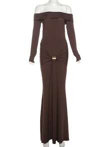Herbstmode Rückenfreies langes Kleid Hohe Taille Schlank Falten Patchwork Einfarbig Off-Shoulder Partykleid Damen Bodycon Kleid