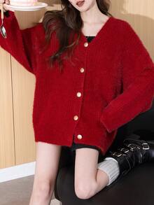 Alicedudu 女士宽松V领开衫，休闲风格，秋冬 - 紅色 - 查看 5