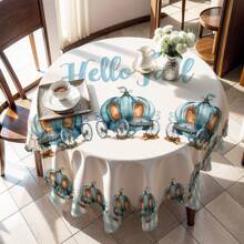 1pc Thanksgiving Pumpkin Pattern Tablecloth, Farmhouse Style, Seasonal Kitchen/Dining Table Decor, Round/Rectangular Sizes Available, Polyester Material, Indoor/Outdoor Party Decoration, Thanksgiving Holiday Decor, Home & Event Decoration