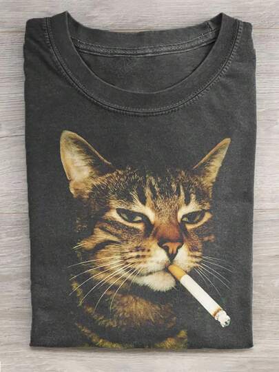 230g Washed Cat Print T-Shirt That Loves Smoking, High-Quality Wax Printed Cotton Retro Fashion Brand T-Shirt, Men's T-Shirt, Beach Must-Have, Men's Summer T-Shirt, Holiday Gift, Perfect Gift