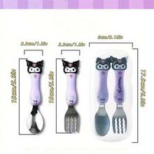 (Autorizado) Conjunto de Colher e Garfo Utensílios Kuromi Fofo da Sanrio Hello Kitty, Utensílios de Colher com Orelhas Grandes de Cachorro Fofo em Caixa Portátil, Adequado para Presentes de Aniversário, Temporada de Formatura, Restaurante, Cozinha, Acessórios de Viagem, Etc.