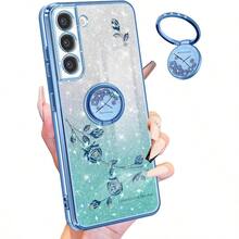 PLikiyami 3in1 For Samsung Galaxy S21 Plus Case For Women Girls Glitter Girly Cute Bling Flowers Blue Phone Cases With Ring Stand Design Sparkle Floral Shiny Pretty Cover For Samsung S21 Plus 6.7''8005 - 3-藍色 - 查看 1