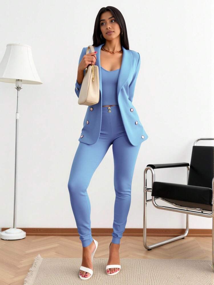 Conjunto Elegante de Tres Piezas para Mujer – Blazer, Top y Pantalón a Juego – Estilo Formal y Casual con Detalles de Perlas - Azul claro - Añade 2
