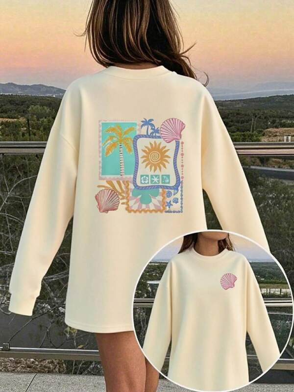 Camiseta de manga larga con cuello redondo y estampado gráfico para niña preadolescente, parte superior de otoño/invierno